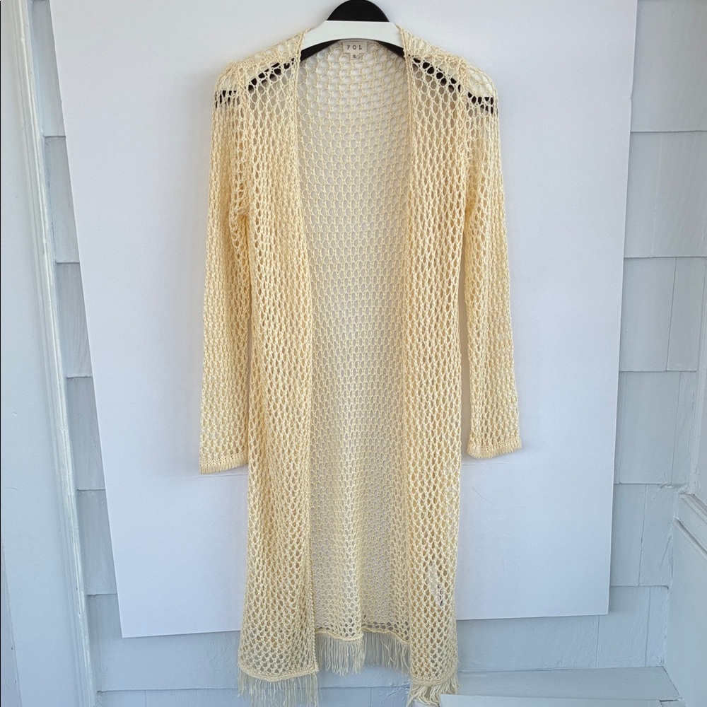 POL Women’s Cream Crochet Knitwear Boho Bohemian Open Front Cardigan Size Small